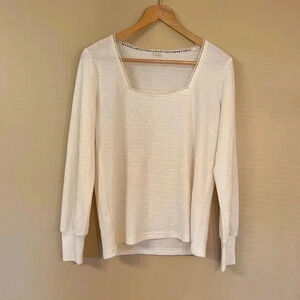 Cream Off White Waffle Knit Square Neckline Top Shirt